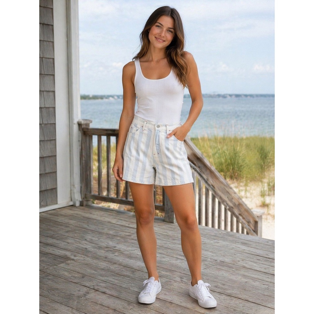 Whooz‎ Blooz Jeans Vintage High Waisted Striped Denim Shorts Blue White Size 3/4